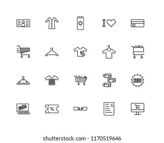 Set Of 20 linear icons such as Laptop, Bill, Tags, Voucher, Sales, Payment, Clothes, Cart, Hanger, Mobile, editable stroke vector icon pack