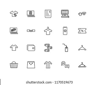 Set Of 20 linear icons such as Hanger, Chat, Dress, Shopping bags, Basket, Clothes, Mobile, Payment, Shirt, Tags, Bill, editable stroke vector icon pack