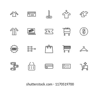 Set Of 20 linear icons such as Cart, Card, Payment, Clothes, Paper bag, New, Sales, Buy, editable stroke vector icon pack