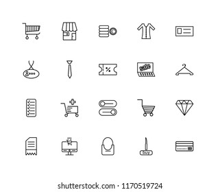Set Of 20 linear icons such as Payment, Buy, Shopping bag, Ecommerce, Invoice, Card, Sales, Button, List, Tie, Coins, editable stroke vector icon pack