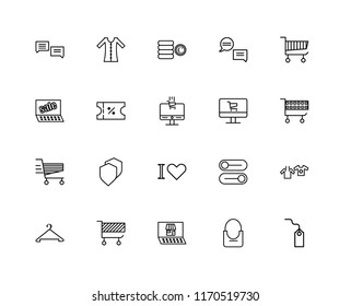 Set Of 20 linear icons such as Tag, Shopping bag, Shop, Cart, Hanger, Laptop, Love, Voucher, Coins, editable stroke vector icon pack