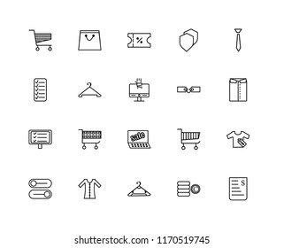 Set Of 20 linear icons such as Bill, Coins, Hanger, Dress, Button, Tie, Tags, Sales, Tablet, Voucher, editable stroke vector icon pack