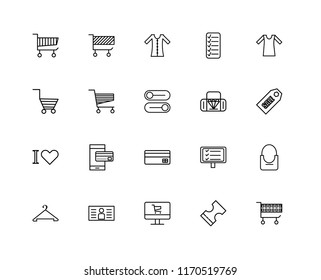 Set Of 20 linear icons such as Cart, Voucher, Laptop, Card, Hanger, Shirt, Bag, Love, Dress, editable stroke vector icon pack