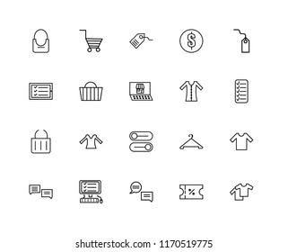Set Of 20 linear icons such as Clothes, Voucher, Chat, Checklist, Tag, Dress, Button, Cart, Basket, editable stroke vector icon pack