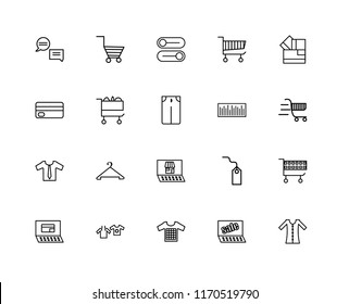 Set Of 20 linear icons such as Dress, Sales, Tshirt, Clothes, Payment, Card, Bar code, Shop, Cart, Button, editable stroke vector icon pack