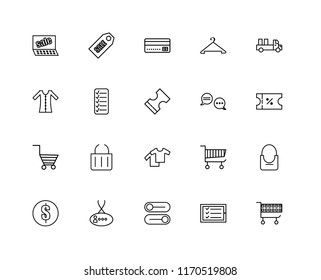 Set Of 20 linear icons such as Cart, Checklist, Button, Card, Coin, Delivery, Chat, Clothes, List, Payment, editable stroke vector icon pack