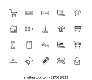 Set Of 20 linear icons such as Shopping bag, Button, Sales, Voucher, Hanger, Dress, Clothes, Chat, List, Network, Card, editable stroke vector icon pack