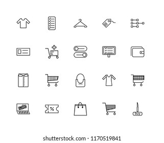 Set Of 20 linear icons such as Buy, Cart, Paper bag, Voucher, Sales, Network, Tablet, Shopping Shirt, Hanger, editable stroke vector icon pack