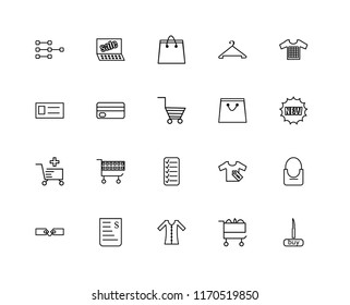 Set Of 20 linear icons such as Buy, Cart, Dress, Bill, Tags, Tshirt, Shopping bags, List, Payment, Paper bag, editable stroke vector icon pack