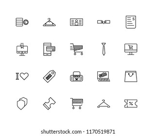 Set Of 20 linear icons such as Voucher, Hanger, Cart, Security, Bill, Tie, Bag, Love, Ipad, Card, editable stroke vector icon pack