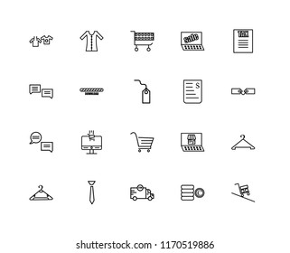 Set Of 20 linear icons such as Delivery, Coins, Tie, Hanger, Tax, Bill, Cart, Chat, Download, editable stroke vector icon pack