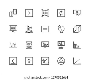 Set Of 20 linear icons such as Line graph, Pi, Maths, Division, Is less than or equal to, Empty set, Pie chart, Analytics, Parabola, Math book, Abacus, editable stroke vector icon pack