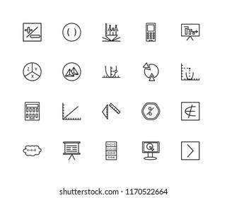 Set Of 20 linear icons such as Is greater than, Monitor, Exam, Panel, Cloud computing, Analytics, Pie chart, Ruler, Calculator, Pyramid, Math book, editable stroke vector icon pack