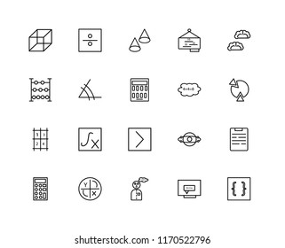 Set Of 20 linear icons such as Brackets, Equation, Mathematician, Axis, Calculator, Brain, Cloud computing, Is greater than, Table, Angle, Cone, editable stroke vector icon pack