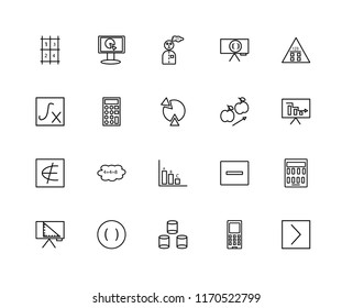 Set Of 20 linear icons such as Is greater than, Analytics, Calculator, Brackets, Triangle, Monitor, Minus, Function, editable stroke vector icon pack