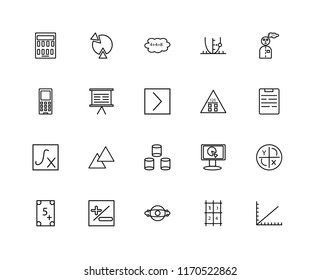 Set Of 20 linear icons such as Line graph, Table, Sphere, Maths, Exam, Mathematician, Calculator, Cylinder, Function, Panel, Cloud computing, editable stroke vector icon pack