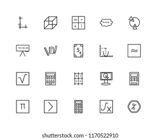 Set Of 20 linear icons such as Percentage, Function, Calculator, Is greater than, Pi, Pie chart, Parabola, Table, Square root, Pencil, editable stroke vector icon pack