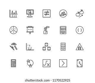 Set Of 20 linear icons such as Exam, Is greater than, Function, Pie chart, Calculator, Gravity, Cylinder, square, Panel, not equal to, editable stroke vector icon pack