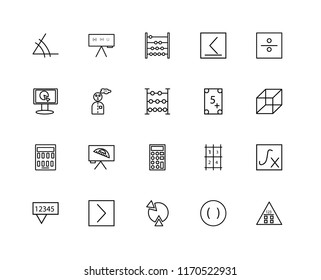 Set Of 20 linear icons such as Calculator, Parenthesis, Pie chart, Is greater than, Chat, Division, Exam, Mathematician, Counting, editable stroke vector icon pack