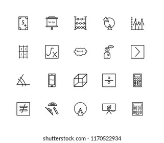 Set Of 20 linear icons such as Calculator, Empty set, Pie chart, square, Is not equal to, Line graph, Mathematician, Cube, Angle, Function, Abacus, editable stroke vector icon pack