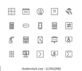 Set Of 20 linear icons such as The sum of, Is not equal to, square, Pi, Table, Browser, Panel, Calculator, editable stroke vector icon pack