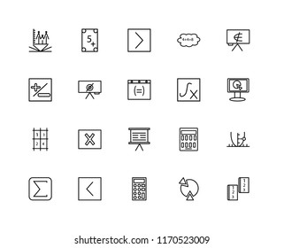 Set Of 20 linear icons such as Math book, Monitor, Is an element of, Cloud computing, The sum Exam, Calculator, Maths, editable stroke vector icon pack