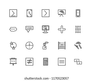 Set Of 20 linear icons such as Maths, Is identical with, Calculator, not equal to, Panel, Smartphone, Plus, Mathematician, Pie chart, Chat, greater than, editable stroke vector icon pack