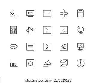 Set Of 20 linear icons such as Sphere, Pie chart, Notepad, Plus, Bar Equation, Is not an element of, Calculator, editable stroke vector icon pack