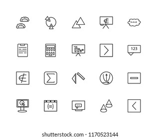 Set Of 20 linear icons such as Is less than, Chat, Cloud computing, an element of, Monitor, Pie chart, Parabolic, Notepad, editable stroke vector icon pack
