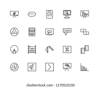 Set Of 20 linear icons such as Bar chart, Protractor, Is greater than, not an element of, Axis, Analytics, Chat, Ruler, Pie Calculator, Notepad, editable stroke vector icon pack