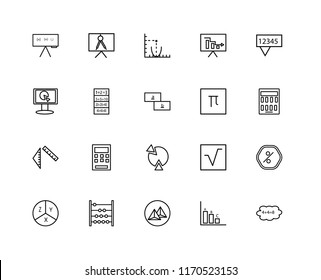 Set Of 20 linear icons such as Cloud computing, Bar chart, Pyramid, Counting, Equation, Chat, Pi, Pie Ruler, Exam, Parabola, editable stroke vector icon pack