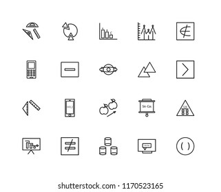 Set Of 20 linear icons such as Parenthesis, Equation, Cylinder, Is not equal to, Analytics, an element of, Triangle, Gravity, Ruler, Minus, Bar chart, editable stroke vector icon pack