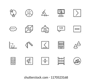 Set Of 20 linear icons such as Pyramid, Abacus, Division, Is not an element of, Exam, greater than, Chat, less than or equal to, Parabola, Cube, Angle, editable stroke vector icon pack