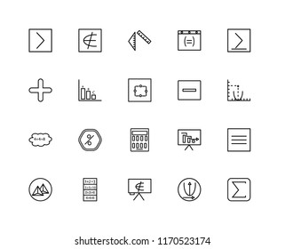 Set Of 20 linear icons such as The sum of, Parabola, Is greater than or equal to, Browser, Pyramid, not an element Analytics, Plus, editable stroke vector icon pack