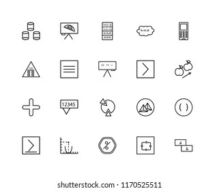 Set Of 20 linear icons such as Maths, Gravity, Blackboard, Cloud computing, Is greater than or equal to, Protractor, Pyramid, Calculator, editable stroke vector icon pack