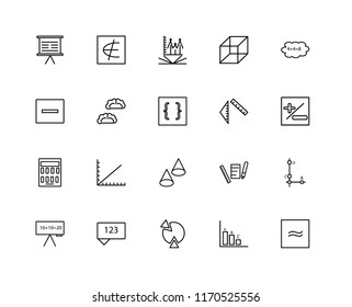 Set Of 20 linear icons such as Is approximately equal to, Bar chart, Pie Chat, Function, Cloud computing, Ruler, Cone, Calculator, Brain, Math book, editable stroke vector icon pack