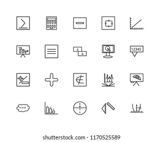 Set Of 20 linear icons such as Parabola, Chat, Line graph, Pentagon, Cloud computing, Calculator, Math book, Analytics, editable stroke vector icon pack