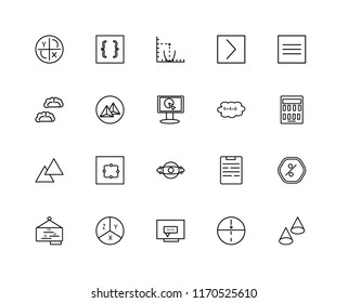 Set Of 20 linear icons such as Cone, Sphere, Equation, Blackboard, Is identical with, Cloud computing, Triangle, Pyramid, Parabola, editable stroke vector icon pack