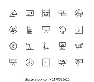 Set Of 20 linear icons such as Chat, Protractor, Is approximately equal to, Equation, Function, Axis, Pie chart, Segment, Percentage, Exam, Counting, editable stroke vector icon pack