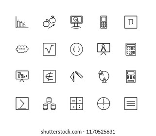 Set Of 20 linear icons such as Is identical with, Calculator, Pi, Blackboard, greater than or equal to, Gravity, Pie chart, Cloud computing, editable stroke vector icon pack