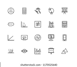 Set Of 20 linear icons such as Triangle, Panel, Line graph, Sphere, Parabola, Math book, Axis, square, editable stroke vector icon pack