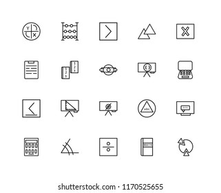 Set Of 20 linear icons such as Pie chart, Tablet, Multiply, Triangle, Calculator, Abacus, Pi, Notepad, editable stroke vector icon pack