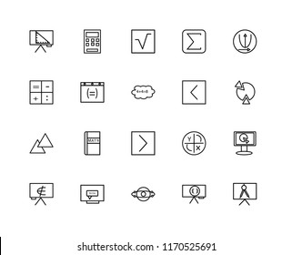 Set Of 20 linear icons such as Compass, Pie chart, Parabolic, The sum of, Is an element Calculator, Axis, editable stroke vector icon pack