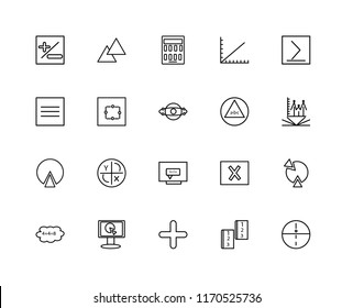 Set Of 20 linear icons such as Sphere, Math book, Plus, Monitor, Cloud computing, Is greater than or equal to, Pi, Equation, Pie chart, Pentagon, Calculator, editable stroke vector icon pack