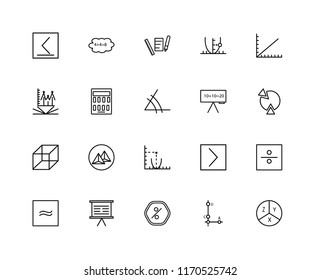 Set Of 20 linear icons such as Equation, Segment, Percentage, Panel, Is approximately equal to, Line graph, Function, Parabola, Cube, Calculator, Pencil, editable stroke vector icon pack