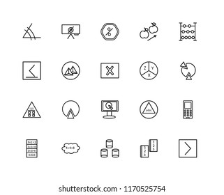 Set Of 20 linear icons such as Is greater than, Math book, Cylinder, Cloud computing, Exam, Abacus, Equation, Monitor, Calculator, Pyramid, Percentage, editable stroke vector icon pack