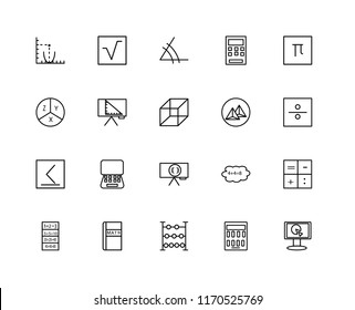 Set Of 20 linear icons such as Monitor, Calculator, Abacus, Math book, Exam, Pi, Pyramid, Brackets, Is less than or equal to, Triangle, Angle, editable stroke vector icon pack