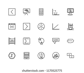 Set Of 20 linear icons such as Maths, Pyramid, Parabolic, Calculator, Percentage, Monitor, Line graph, Pie chart, Counting, Is greater than, Exam, editable stroke vector icon pack