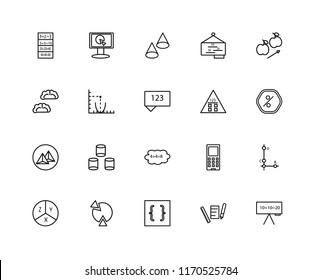 Set Of 20 linear icons such as Function, Pencil, Brackets, Pie chart, Equation, Gravity, Calculator, Cloud computing, Pyramid, Parabola, Cone, editable stroke vector icon pack