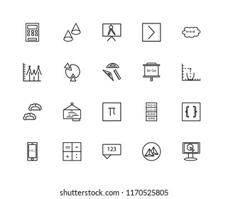 Set Of 20 linear icons such as Monitor, Pyramid, Chat, Calculator, Smartphone, Cloud computing, Panel, Pi, Brain, Pie chart, Compass, editable stroke vector icon pack